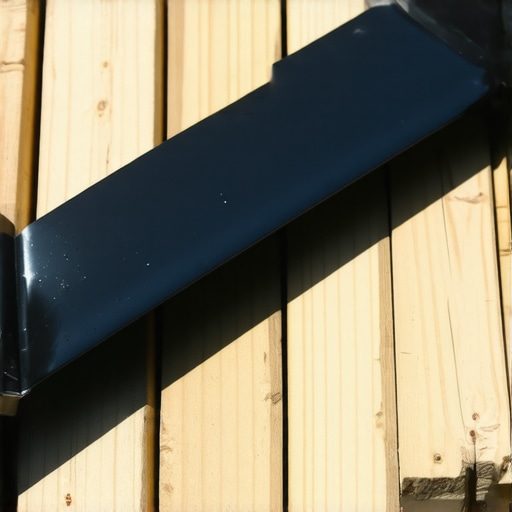 Close-up of waterproof joist tape being installed on a wooden deck frame to prevent rot.