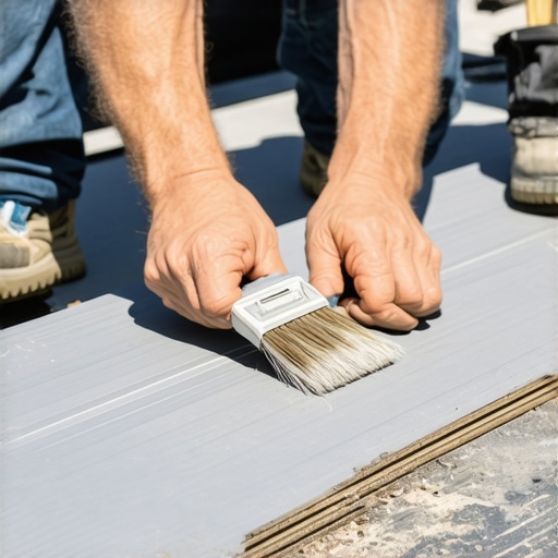 A carpenter applying PVC glue to a 45-degree miter cut on a composite deck board for solvent welding.