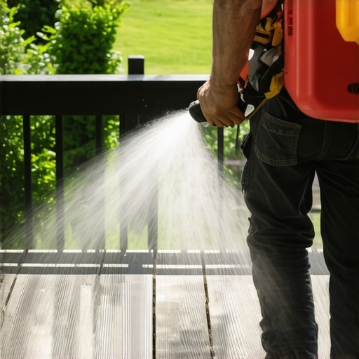 Homeowner using a manual sprayer on composite railing to prevent wasp nests.