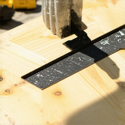 A professional deck builder applying joist tape to prevent wood rot under composite decking boards.