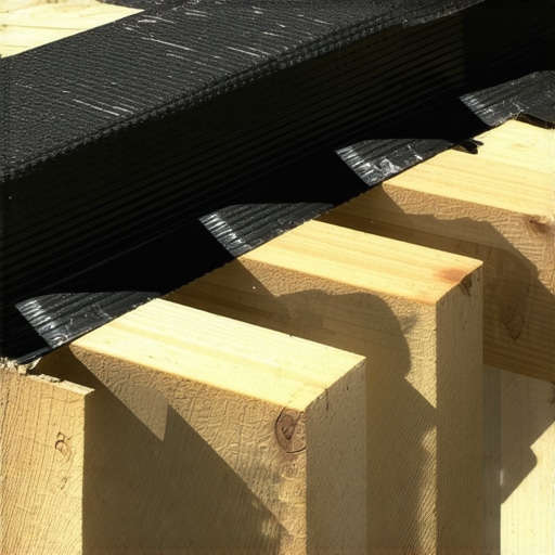 Close up of a contractor applying black waterproof flashing tape to the top of deck joists to prevent rot.