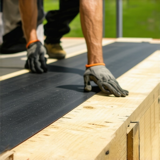 Close-up of black joist tape being applied to wooden deck joists for rot prevention.