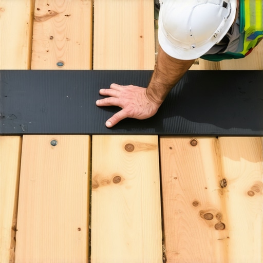 Close up of butyl joist tape being applied to wooden deck joists for moisture protection.