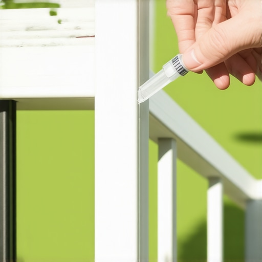 A person using a syringe to apply silicone to a deck railing spindle to prevent noise.