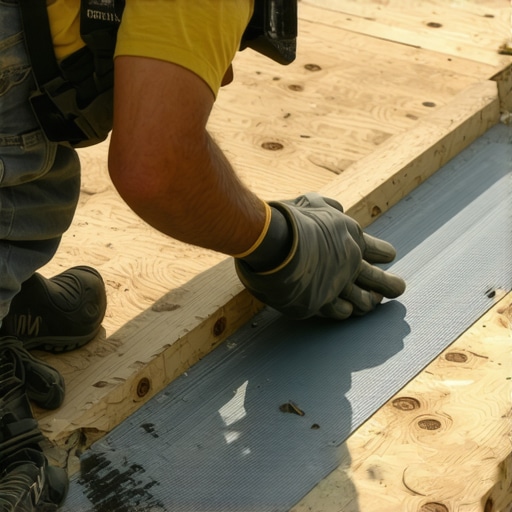 A worker protecting deck joists with waterproof flashing tape.