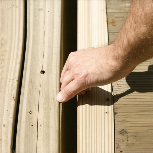 Close-up of fixing a squeaky deck stair using dry lubricant on the wood joint.