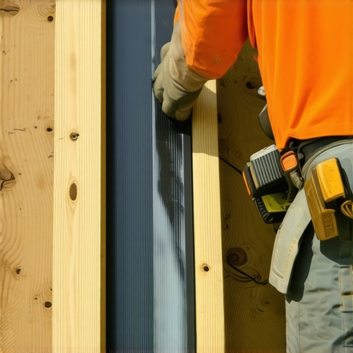 A worker installs protective black joist tape on wooden deck joists to prevent frame rot.
