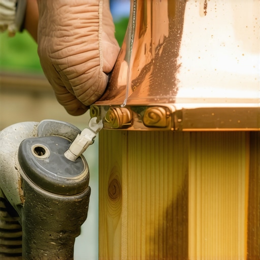 Contractor applying silicone sealant to a wooden post for copper cap installation.