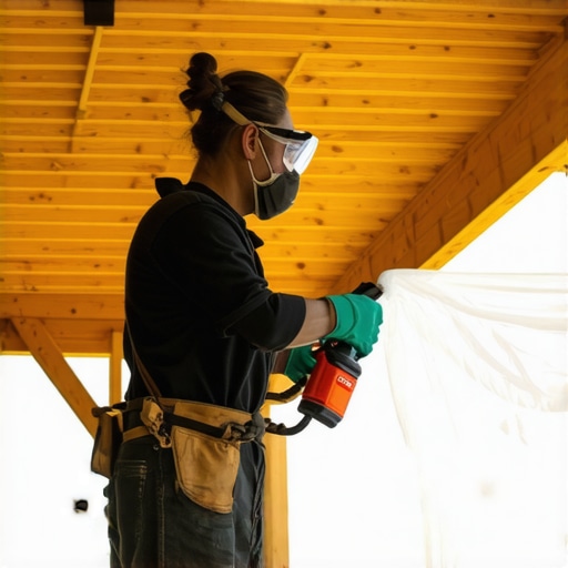 Applying wood stain to overhead deck joists Homeowner using a pump sprayer to stain the underside of a deck structure.