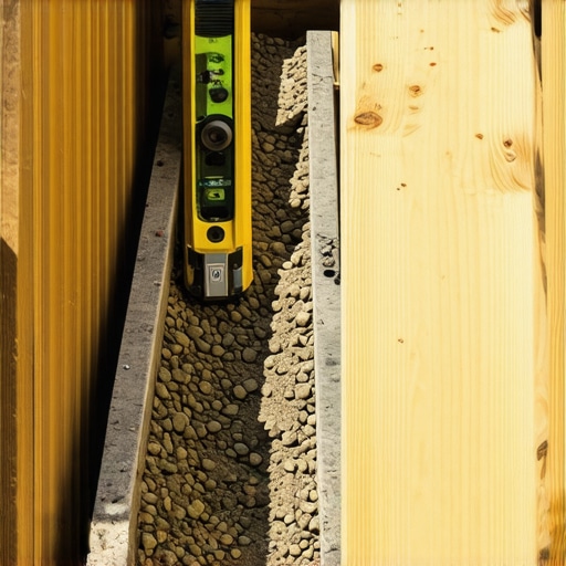 Excavated landing base for deck stairs with gravel and level showing slope