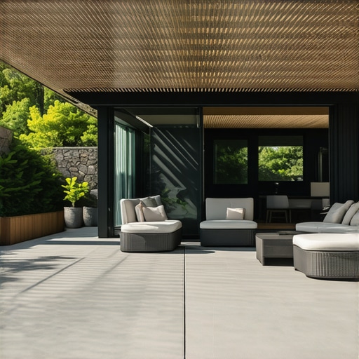 A cool-touch gray composite deck shaded by a wooden pergola to reduce surface temperature.
