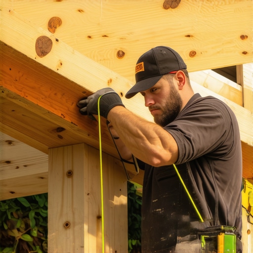 A close-up view of a string line being used to measure the deflection of a large wooden pergola beam.