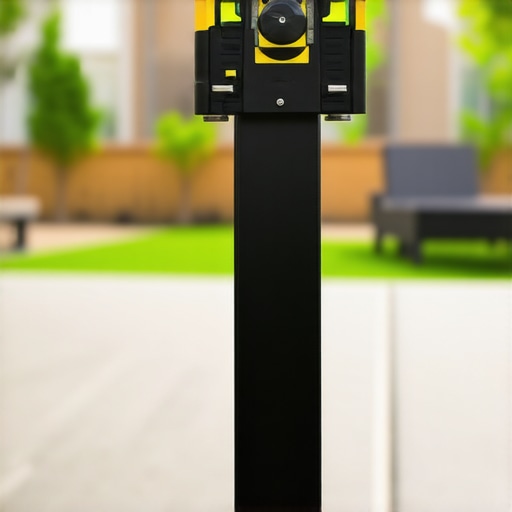 A close-up of a leveling tool against a black deck railing post showing structural precision.
