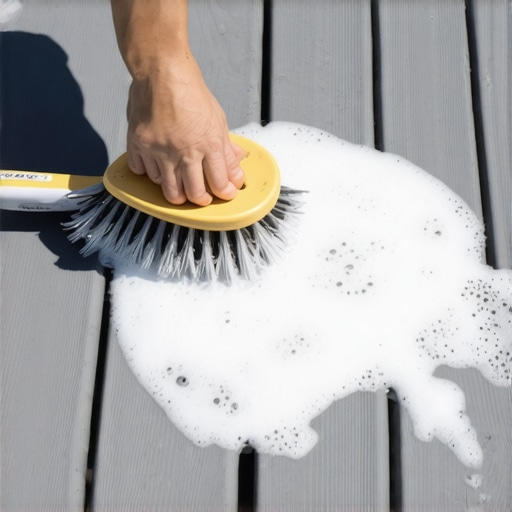 Close up of cleaning grease off composite decking with a soft brush and soap