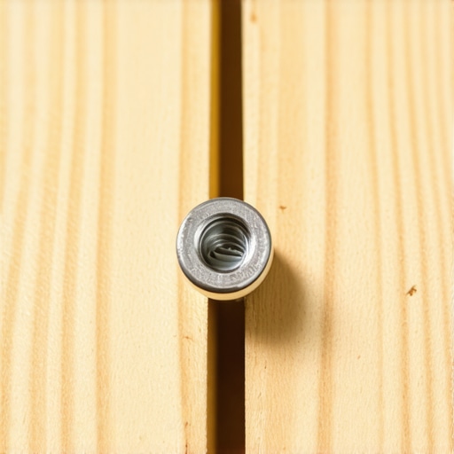 Macro shot of a deck fastener creating a wedge effect in a pressure-treated joist.