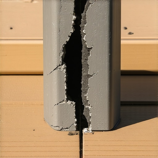 Common railing post sleeve cracking Cracked composite deck railing sleeve caused by thermal expansion stress.