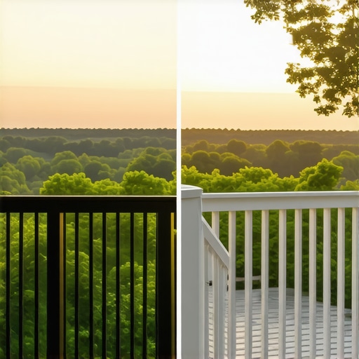 Matte black deck railing versus white railing with a forest view backdrop.