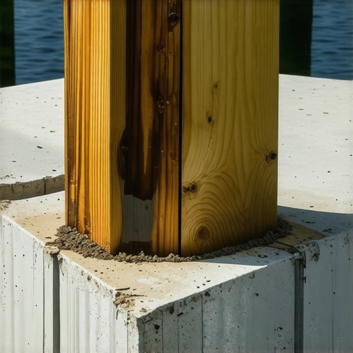 Close up of a wooden deck post showing the difference between healthy wood and wood with internal rot using a water spray test.