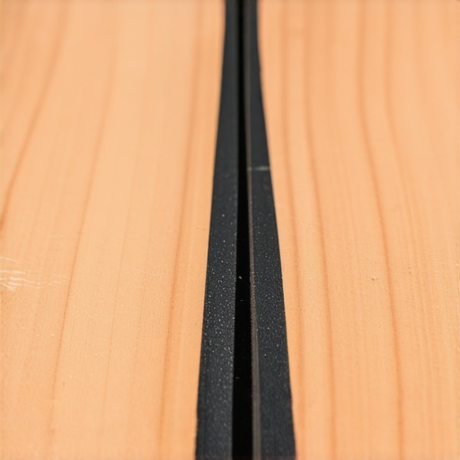 Composite Decking Expansion Gap and Joist Protection A close-up of a composite deck board showing the expansion gap and the joist tape underneath for protection.