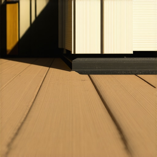 Close-up of a gap between composite deck boards and a house wall for thermal expansion.