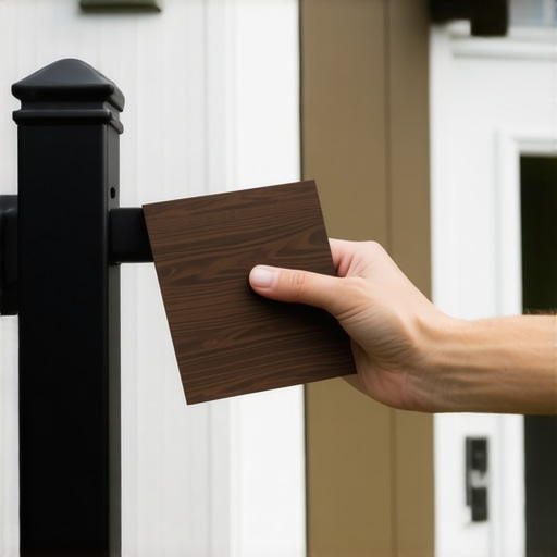 A person comparing a composite deck board sample with a black railing system to ensure color coordination.