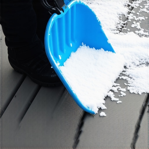A plastic shovel being used correctly parallel to composite deck boards to prevent surface scratching.