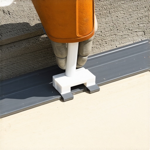 A contractor using a plastic spacer to maintain the thermal expansion gap between composite deck boards during installation.