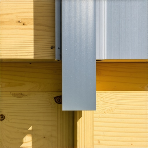 Close-up of metal Z-flashing protecting a deck ledger board from water damage.