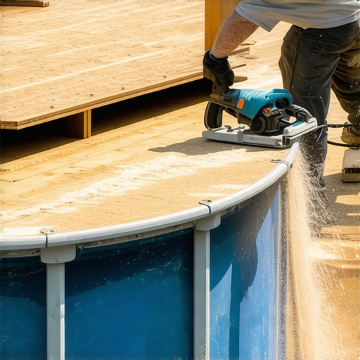 Carpenter cutting a clean curved edge on composite decking around a pool
