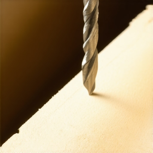 A craftsman using a wooden guide block to drill precise holes in a deck railing.