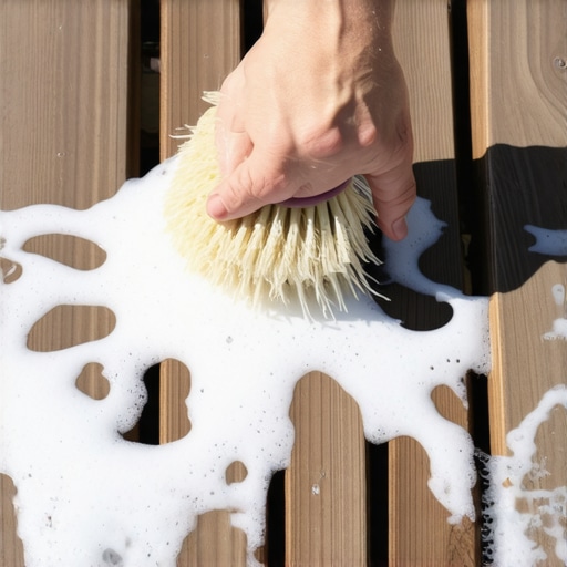 Deep cleaning composite decking boards A close-up of a brush scrubbing gray oxidation off a composite deck board to reveal the original brown color.