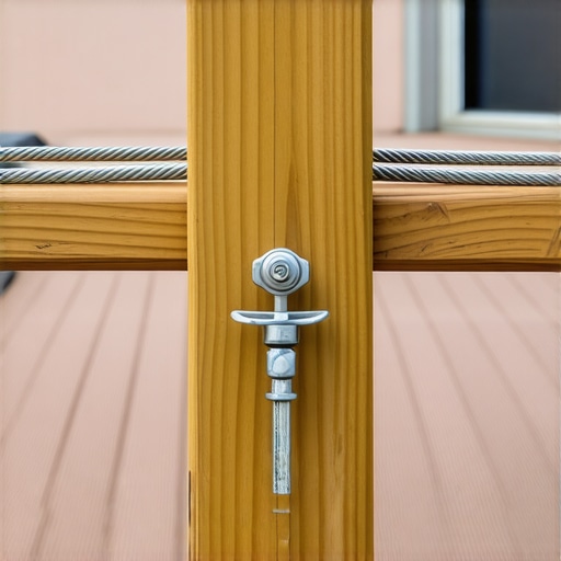 Close-up of cable railing hardware and wood post under tension.