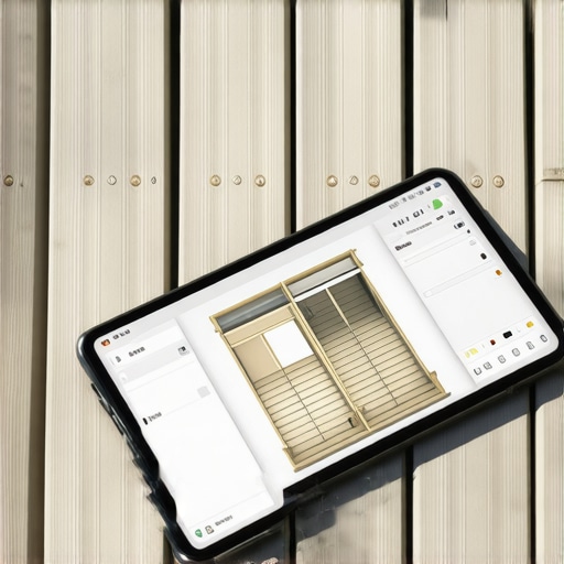 A tablet displaying a 3D structural model of a deck on top of a grey composite board.
