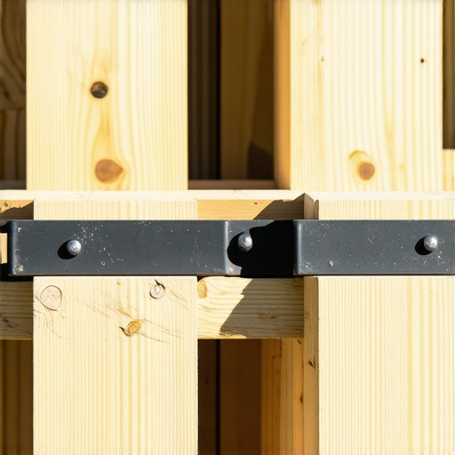 Close up of professional deck framing showing double joists and protective flashing tape.