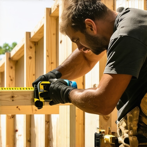 A contractor measuring a wooden pergola beam for perfect alignment using the 3-4-5 rule.