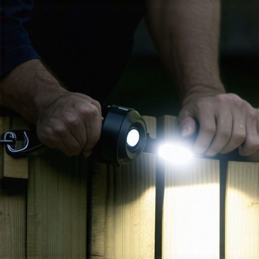 Homeowner using a flashlight to inspect the deck ledger board for rot