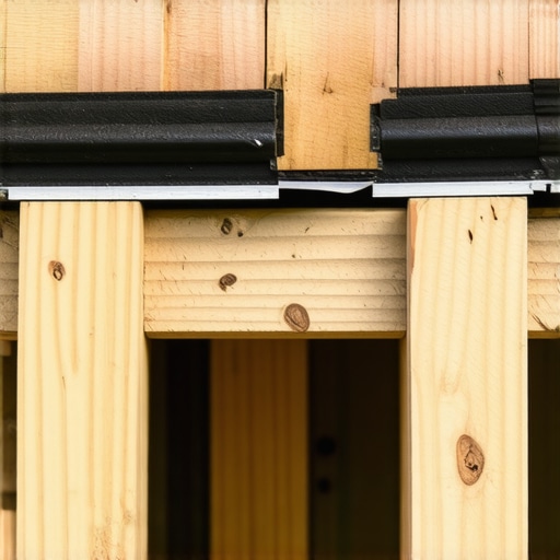 Applying black flashing tape to wooden deck joists to prevent rot and friction squeaks.