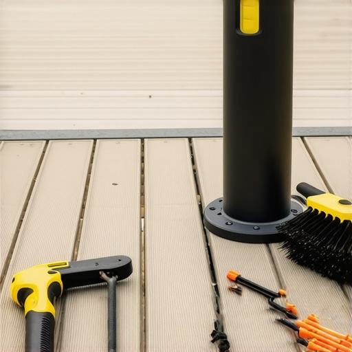 Close up of professional tools for deck maintenance and railing adjustment on a gray composite surface