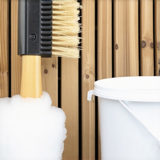 Close up of a cleaning brush and bucket on a composite deck