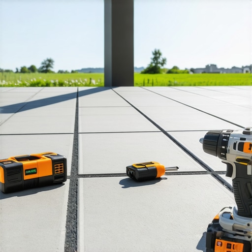 A collection of professional deck building tools on a modern composite surface.