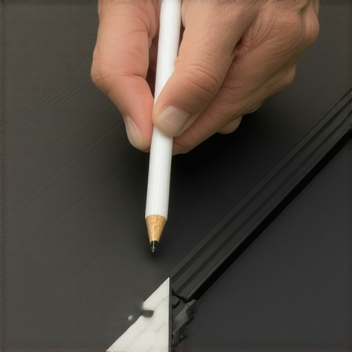 Pro tools like white pencils and drill guides used on dark composite decking boards.