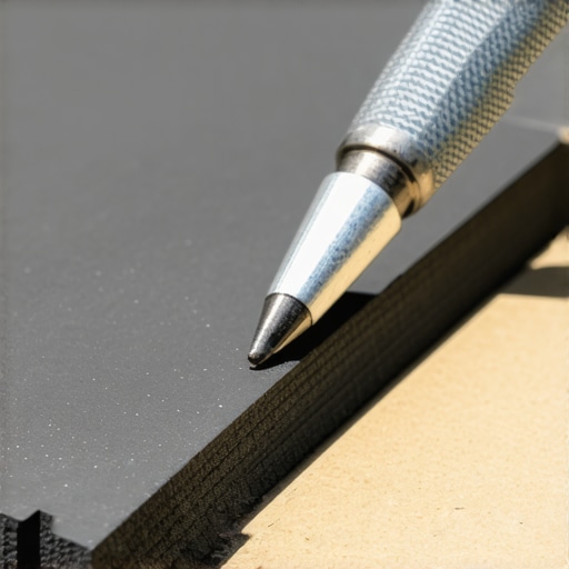 Close-up of a silver pencil and speed square on dark composite decking