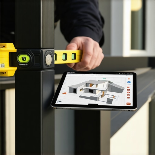 Contractor using a spirit level and 3D modeling tablet to inspect a composite deck structure.