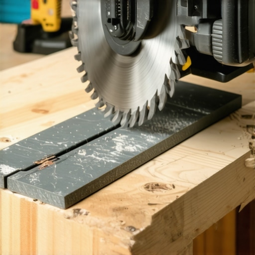 Close-up of a miter saw blade and composite board on a workbench
