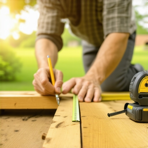 Finding the center point for deck baluster layout A carpenter marking the center of a cedar deck rail for precise baluster spacing.