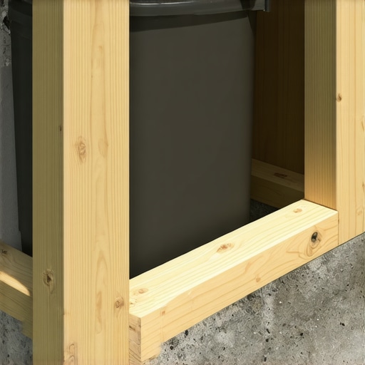 Detailed look at double rim joist framing for an integrated deck trash can storage bay