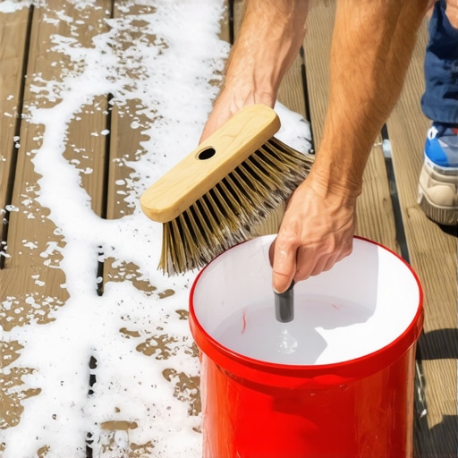 A person cleaning a composite deck with a soft brush and soapy water to maintain the surface.