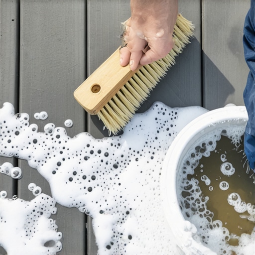 Close-up of a soft-bristle brush cleaning grey composite decking boards with soapy water.