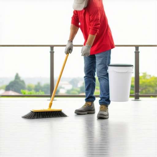 A person cleaning a composite deck with a soft brush and soapy water to maintain its longevity.