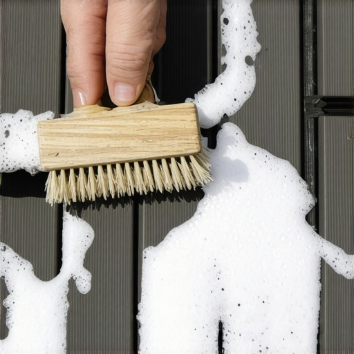 Cleaning a composite deck with a soft brush and soapy water to avoid damage.